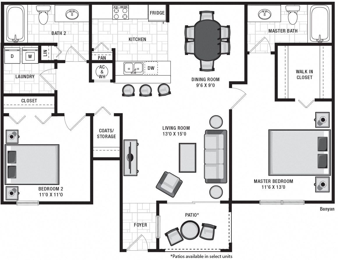 Floor plan for 2 beds, 2 baths, 1040 sqft