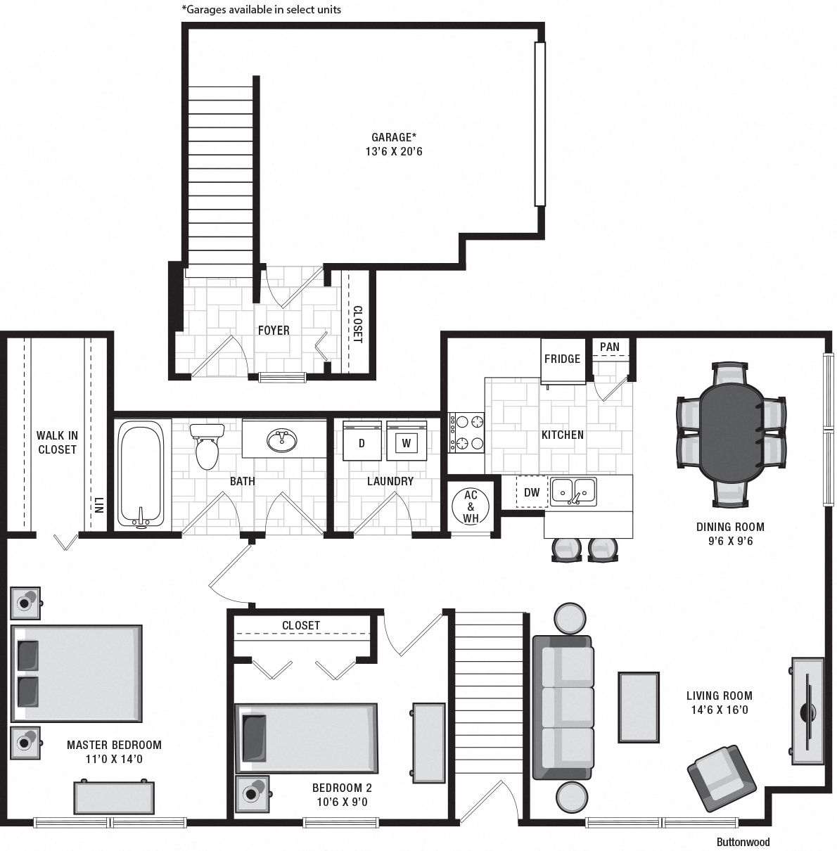 Floor plan for 2 beds, 1 bath, 1012 sqft
