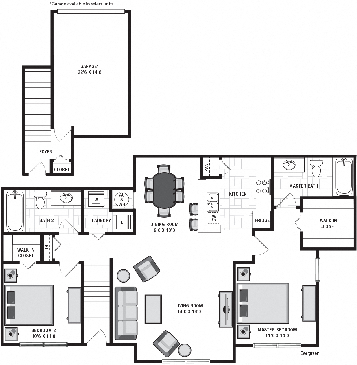 Floor plan for 2 beds, 2 baths, 1077 sqft