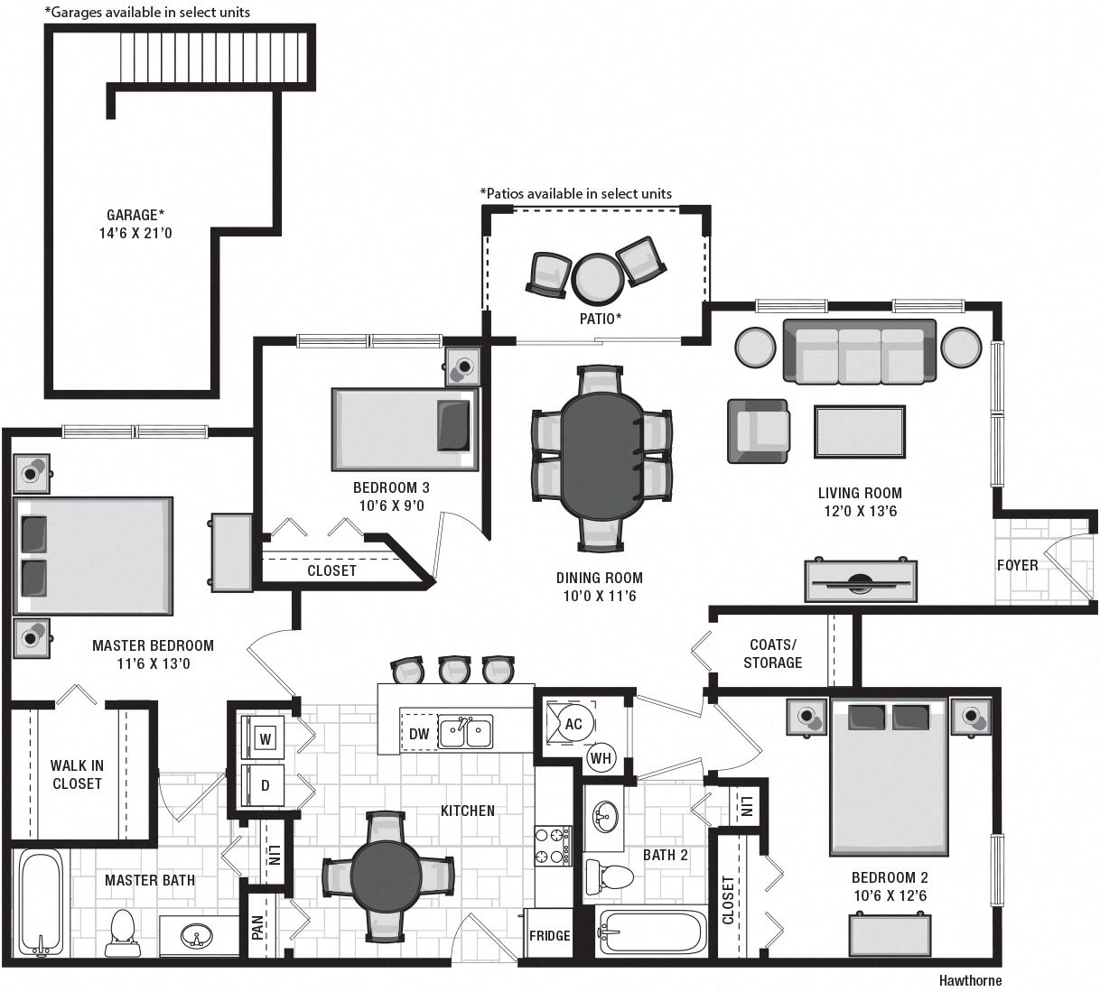 Floor plan for 3 beds, 2 baths, 1307 sqft