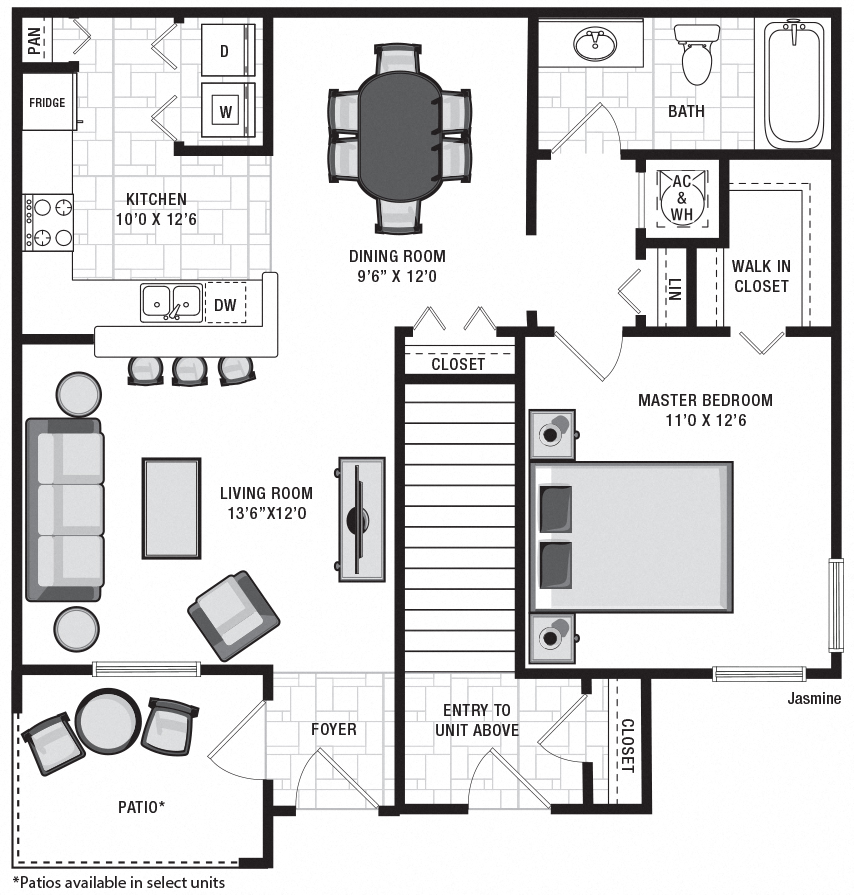Floor plan for 1 bed, 1 bath, 748 sqft