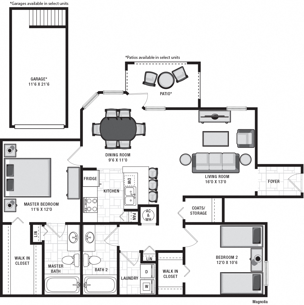 Floor plan for 2 beds, 2 baths, 1111 sqft