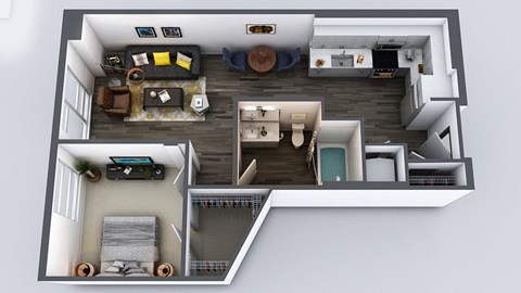 Floor plan for 1 bed, 1 bath, 726 sqft