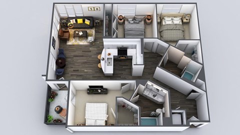 Floor plan for 3 beds, 2 baths, 1368 sqft