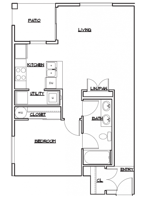 Floor plan for 1 bed, 1 bath, 712 sqft