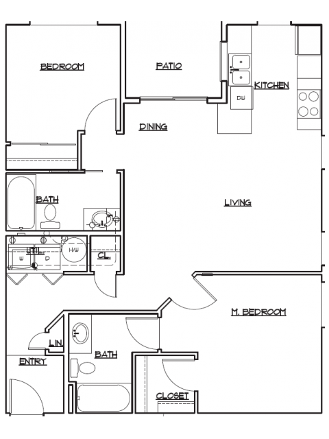 Floor plan for 2 beds, 2 baths, 965 sqft