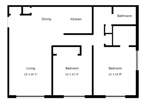 Floor plan for 2 beds, 1 bath, 950 sqft