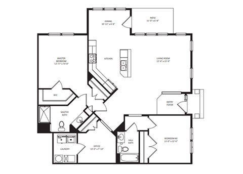 Floor plan for 2 beds, 2 baths, 1445 sqft
