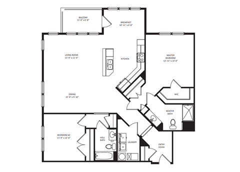 Floor plan for 2 beds, 2 baths, 1455 sqft