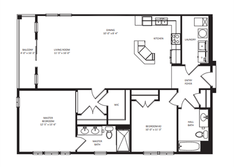 Floor plan for 2 beds, 2 baths, 1259 sqft