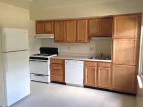 Essex apartment for rent - an empty kitchen with white appliances and wooden cabinets