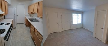 Salisbury apartment for rent - a kitchen with a stove and a refrigerator and a door