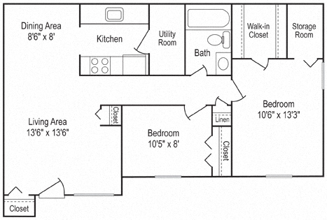 Floor plan for 2 beds, 1 bath, 850 sqft