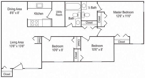 Floor plan for 3 beds, 1.5 baths, 1000 sqft