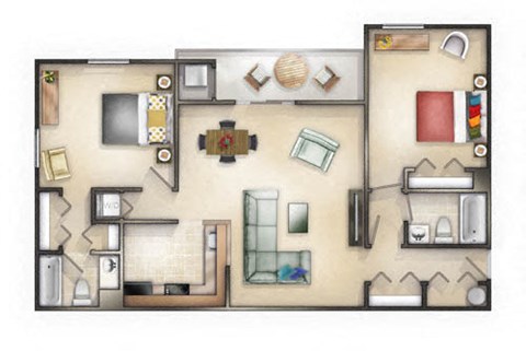 Floor plan for 2 beds, 2 baths, 1000 sqft
