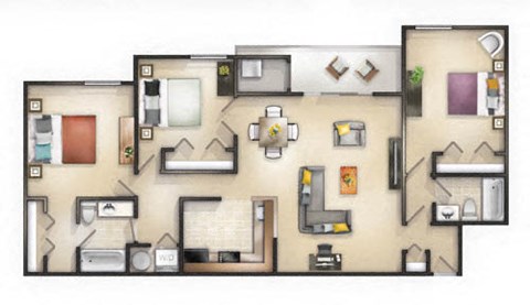 Floor plan for 3 beds, 2 baths, 1196 sqft