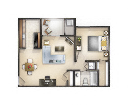 Floor plan for 1 bed, 1 bath, 772 sqft