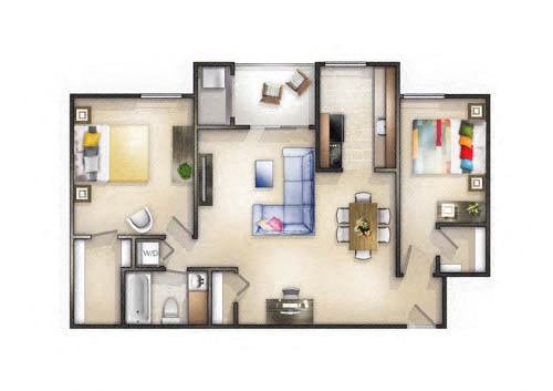 Floor plan for 2 beds, 1 bath, 939 sqft