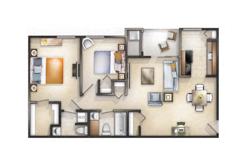 Floor plan for 2 beds, 1.5 baths, 972 sqft