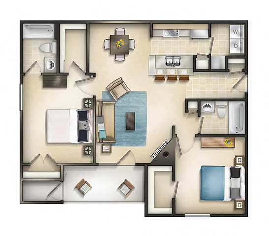 Floor plan for 2 beds, 2 baths, 991 sqft