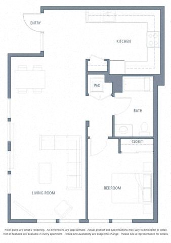 Floor plan for 1 bed, 1 bath, 657 sqft