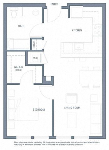 Floor plan for 1 bed, 1 bath, 646 sqft