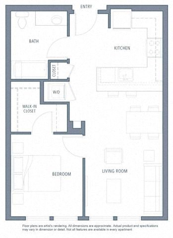 Floor plan for 1 bed, 1 bath, 649 sqft