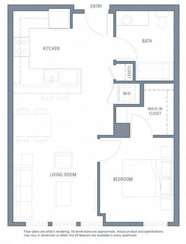 Floor plan for 1 bed, 1 bath, 664 sqft