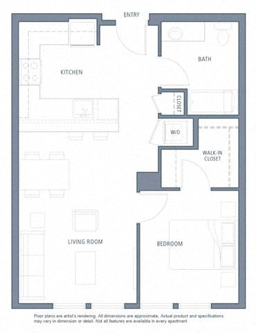 Floor plan for 1 bed, 1 bath, 681 sqft