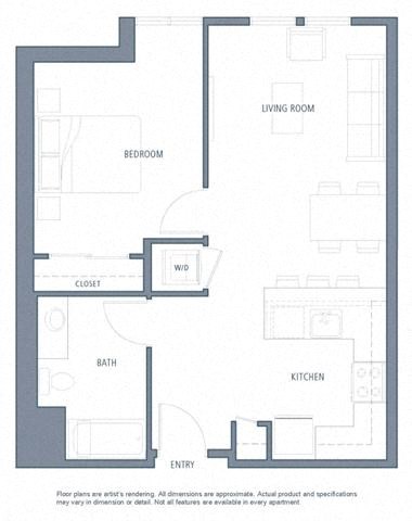 Floor plan for 1 bed, 1 bath, 689 sqft