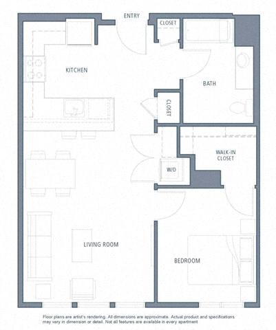 Floor plan for 1 bed, 1 bath, 722 sqft