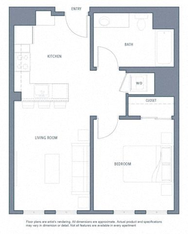 Floor plan for 1 bed, 1 bath, 631 sqft