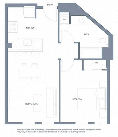 Floor plan for 1 bed, 1 bath, 650 sqft