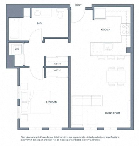 Floor plan for 1 bed, 1 bath, 760 sqft