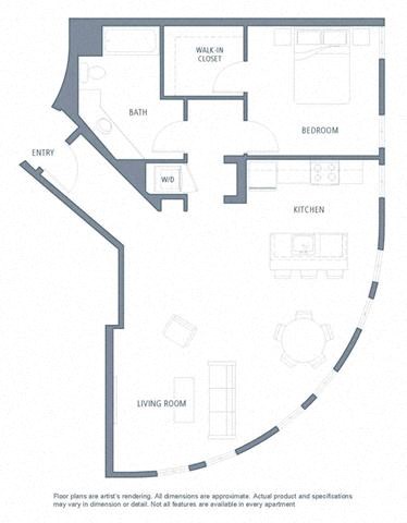 Floor plan for 1 bed, 1 bath, 966 sqft
