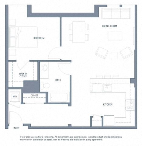 Floor plan for 1 bed, 1 bath, 878 sqft
