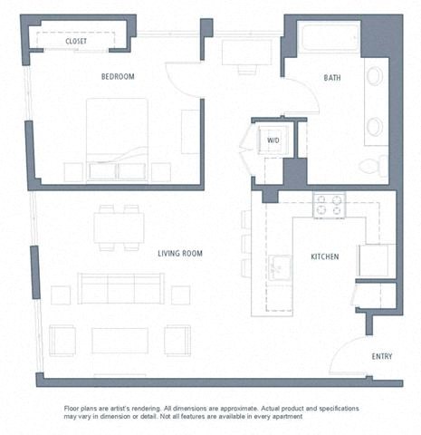 Floor plan for 1 bed, 1 bath, 862 sqft