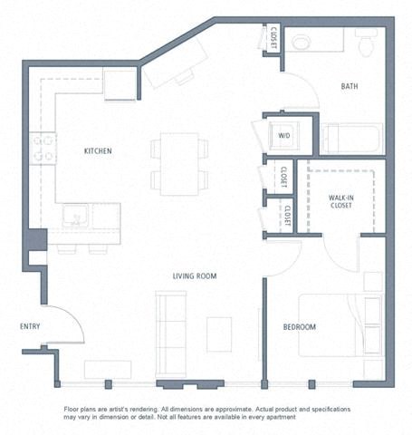 Floor plan for 1 bed, 1 bath, 826 sqft
