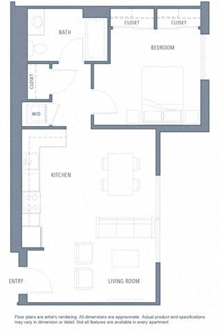 Floor plan for 1 bed, 1 bath, 720 sqft