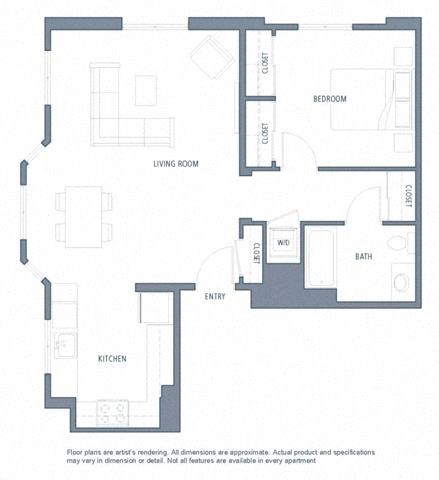 Floor plan for 1 bed, 1 bath, 846 sqft