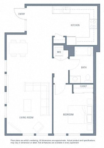 Floor plan for 1 bed, 1 bath, 657 sqft