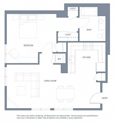 Floor plan for 1 bed, 1 bath, 722 sqft