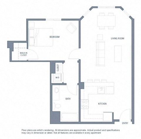 Floor plan for 1 bed, 1 bath, 833 sqft