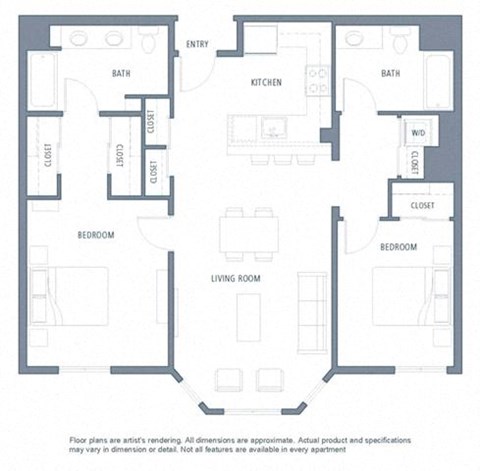 Floor plan for 2 beds, 2 baths, 1119 sqft