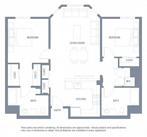 Floor plan for 2 beds, 2 baths, 1139 sqft