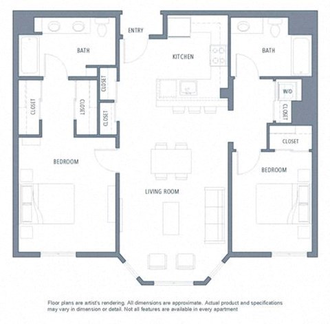 Floor plan for 2 beds, 2 baths, 1150 sqft