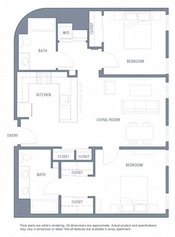Floor plan for 2 beds, 2 baths, 1174 sqft