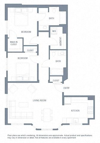 Floor plan for 2 beds, 2 baths, 1174 sqft