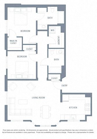 Floor plan for 2 beds, 2 baths, 1197 sqft