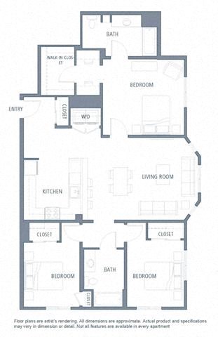 Floor plan for 3 beds, 2 baths, 1477 sqft